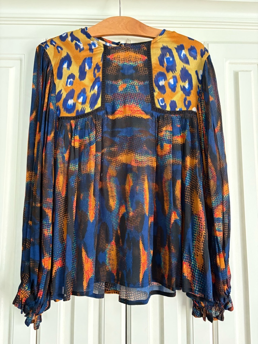 Blank London Printed Long-Sleeve Bohemian Blouse Navy & Mustard Size Medium